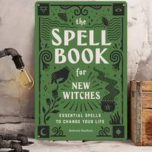 Vintage Witch Spell Book Metal Sign - Spell Casting Decor With Witch's Flaming Stars, Cauldrons, Dark Green Witchy Art - Heavy-Duty Iron Wall Hanging For Halloween, Cottagecore, Or Witchy Home - Perfect Gift For Wiccan & Pagan Decorations, Witchy Home Decor, Mystical Room Accent, Mystical Theme Artwork, Intricate Metalwork - 8*12 inch - Xem 2