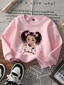 1pc Baby Girl Casual Graphic Print Crew Neck Pullover Sweatshirt, Autumn/Winter , Adorable Cartoon Girl Print Brings Joy And Happiness To Every Child! - Pink - View 2