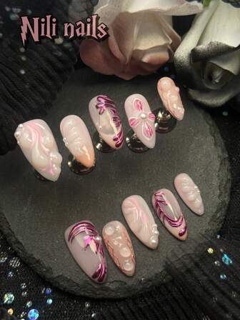 10 Stücke mandelförmige handgefertigte Nagelspitzen, Farbverlauf Rosa Farbverlauf, französisches floristisches botanisches Wassertropfen-Prägung Design, Perlen & metallische Perlen Dekor, wiederverwendbares Nagelkunst-Set mit 1 Gel Blatt & 1 Nagelhautschiebestab Aufklebe-Nägel Nagelbedarf