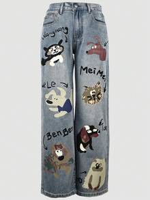 Y2K Street Washed Letter Cartoon Print Slant Pocket Wide Leg Jeans Preppy Comfort Denim Pants