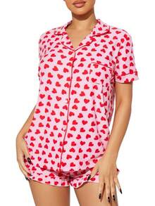 Women Y2k Pajamas Set Cute Heart Rabbit Short Sleeve Button Down Shirt Silk Satin Pjs Shorts Set Preppy Sleepwearhalloween - 5 Heart Print Red - View 12