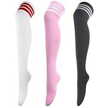DRESHOW 3 Pairs Thigh High Socks Striped Over Knee Thin Tights Long Stocking Knee High Leg Warmer{"Color_name":"3Pairs:White/DeepGray/Pink"} - 多色5 - 查看 1