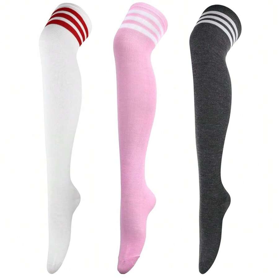 DRESHOW 3 Pairs Thigh High Socks Striped Over Knee Thin Tights Long Stocking Knee High Leg Warmer{"Color_name":"3Pairs:White/DeepGray/Pink"} - 多色5 - 查看 1