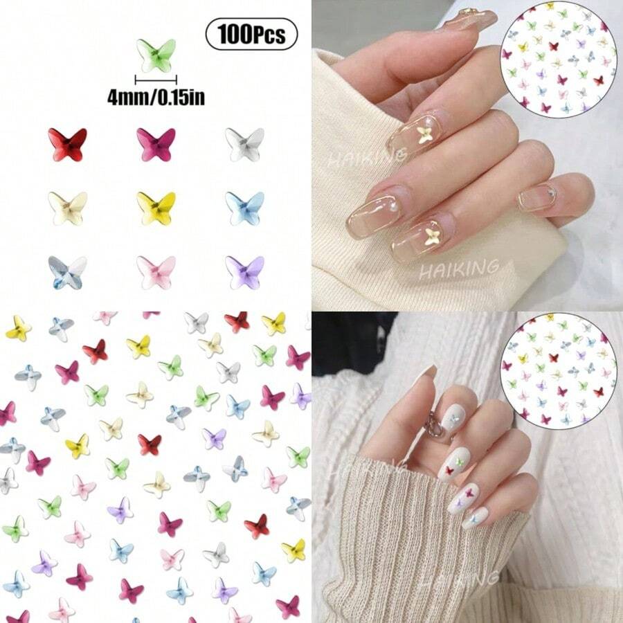 Nail Rhinestones 100 PCS Colorful Flat Back Butterfly Nail Art Charms For Nail Art Decorations DIY Crafting Accessories Plastic