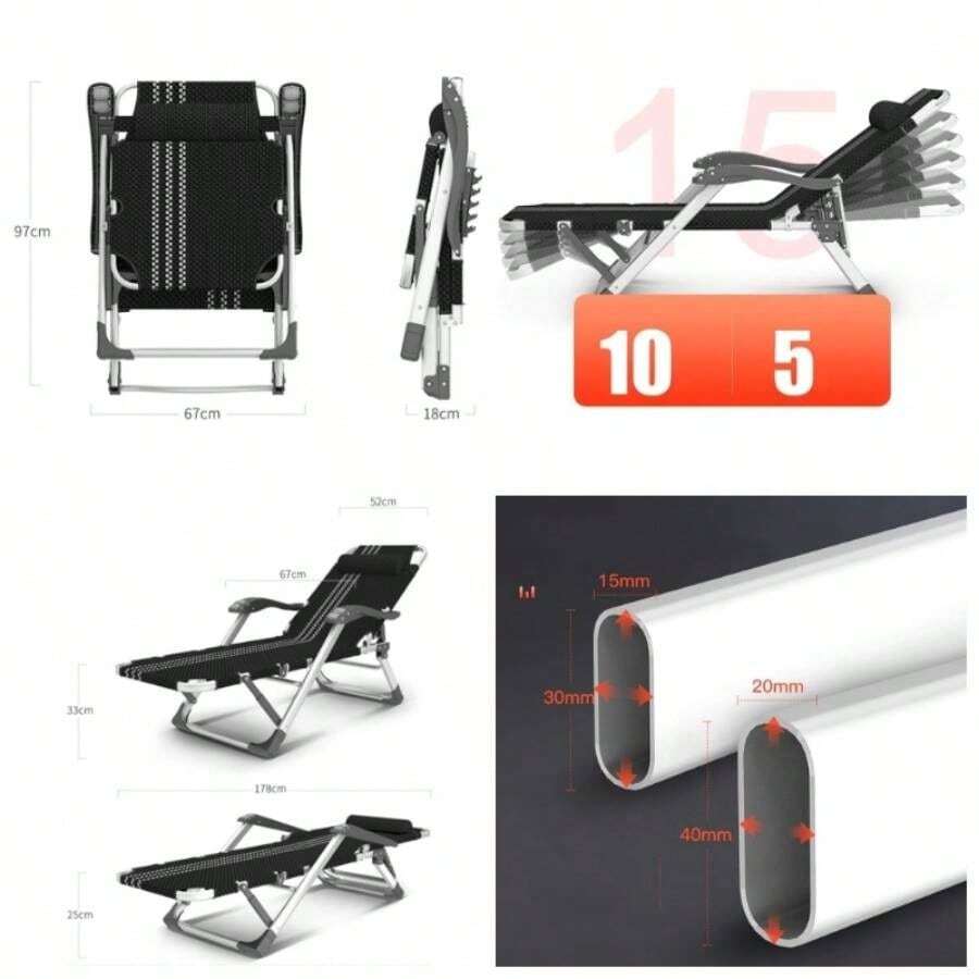 Outdoor Folding Chaise Lounge Chair with Cushion, Adjustable Recliner, Load 150kg - Un color - Ver 1