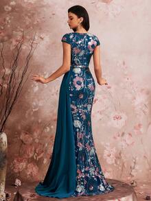 BluePlum Women's Elegant High-Quality Colorful Embroidered Sequin Patchwork Fitted Cap Sleeve Glamorous Luxurious Formal Cocktail Party Wedding Anniversary Family Celebration Bridal Shower Birthday Party Luxury Dignified Mother Of The Bride Dress (Heavy Embellishment) - Teal Blue - View 3