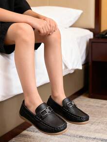 2025 New Style Kids' British Style Metal Buckle Round Toe Casual Loafers - Black - View 4