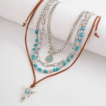Hclian Western Necklaces Boho Layered Charm Necklace For Women Turquoise Beaded Choker Oxhead Pendant Necklace Western Jewelry For Women Cowgirl Accessories Large Brass No Gemstone