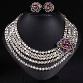 3 Stück/Set mit mehreren Farboptionen, Schmuckset für Frauen, 5-lagige handgefertigte Perlenkette mit Kunstperlen, mehrreihige Kette mit Ohrringe und Kette mit Rosenblüten-Form, geeignet für Frauen Urlaubsparty, Hochzeit/Bankett, Modeschmuckset, Geschenk