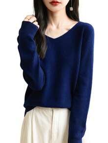 Women's 100% Merino Wool V-Neck Long Sleeve Knit Sweater, Warm And Soft Pullover Top For Autumn/Winter - Navy Blue - View 5