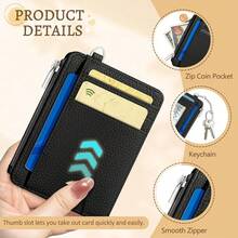 Black Minimalist Credit Card Holder Small Wallet Women, Business Slim RFID Blocking Wallet Woman Keychain With Zipper Coin Pocket, Front Pocket Thin Travel Card Case With ID Window For Ladies Gifts{"Color_name":"SolidBlack"} - 多色16 - 查看 7