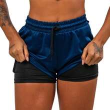 Women's Double Gym Shorts With Hidden Pocket Back Loop For Towel/Perforated Dryfit T-Shirt - Navy Blue - View 6