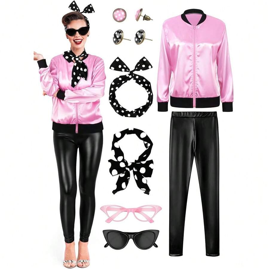 SOMSOC 1950s Pink Satin Jacket With Pant Polka Dot Scarf Headband Earrings And Cat Eye Glasses Halloween Cosplay Costume Set{"Size_name":"Large"} - Large - 查看 1