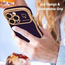 For IPhone 16 Pro Case Wave Wavy Phone Cases With Love Heart, Luxury Plating Edge Cute Curly Shape Cover For Women Girls, Thin Slim Soft TPU Rubber Shockproof Protective Cover, Dark Purple{"Color_name":"DarkPurple","Size_name":"ForiPhone16Pro-6.3inch"} - Multicolor12 - 查看 3