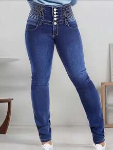 New Navy Y2K High-Waist Stretch Jeans With Hip-Lifting Slim Fit. Stylish & Versatile For Street, Retro, Holiday And Back-To-School Looks. - Blue - View 5