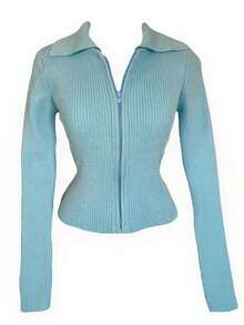 Knitted Cropped Cardigan Jacket With Ribbed Fashion Zipper Collar - Blue - View 2