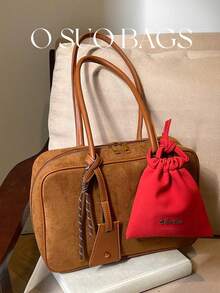 2pcs Solid Color Autumn/Winter New Suede Tote Bag, Versatile Commuter Boston Handbag With Large Capacity, Shoulder & Top Handle, With Accessory Charm - Brown - View 4