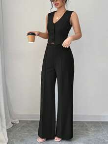 2pcs Women's Business Slim Fit Sleeveless Vest And Straight Leg Pants Set, Suitable For Daily Commute And Office Wear