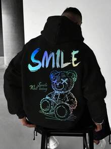 男士宽松连帽衫，饰有熊图案和英文标语印花，休闲口袋卫衣，秋冬季长袖上衣 - 黑色 - 查看 4