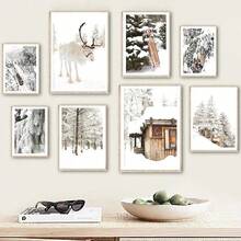 Pintura en lienzo de impresión minimalista de escena invernal con alces, árboles y campo para decoración del hogar y sala de estar - Multicolor - Ver 1