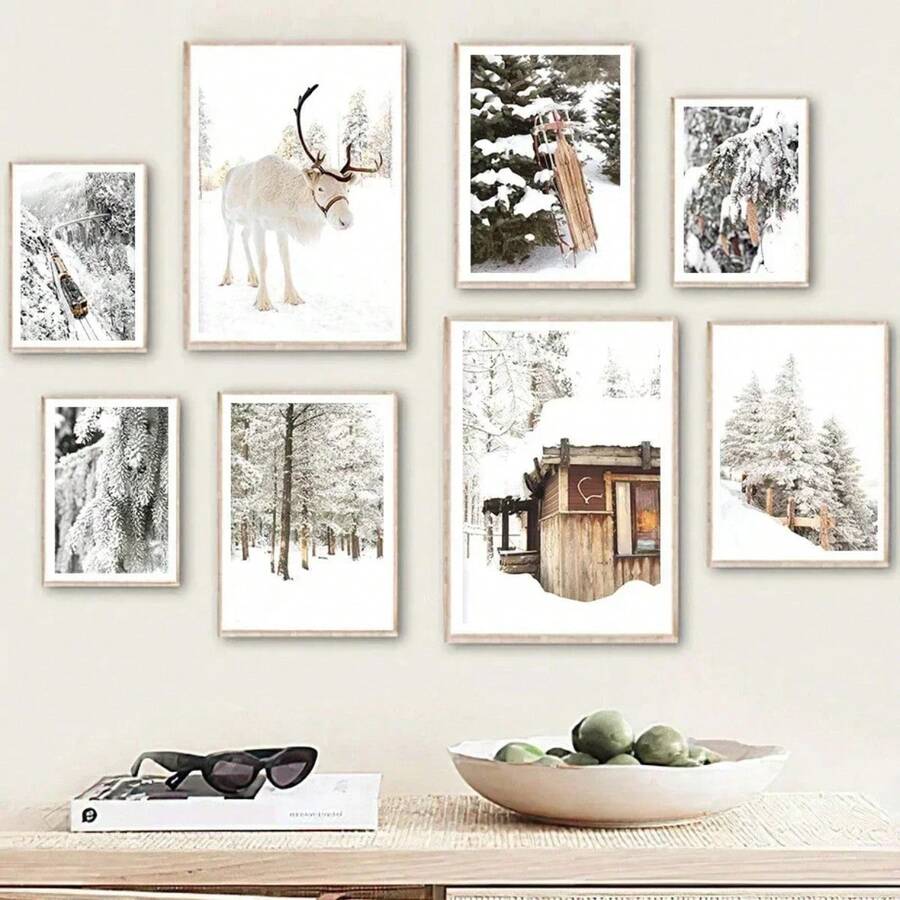 Pintura en lienzo de impresión minimalista de escena invernal con alces, árboles y campo para decoración del hogar y sala de estar - Multicolor - Ver 1