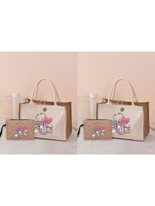 1/2pcs Nurse Theme Handbag & Cosmetic Bag Set, Patchwork Linen Tote Bag, Casual Style, Adjustable Shoulder Strap, Printed With Stethoscope, Heart, Syringe, Thermometer Patterns, Suitable For Commuting, Campus Life, Travel, Medical Events, Also A Thoughtful Gift For Holidays, Nurses' Day, Teachers' Day, Anniversary, Etc. - Khaki - View 14