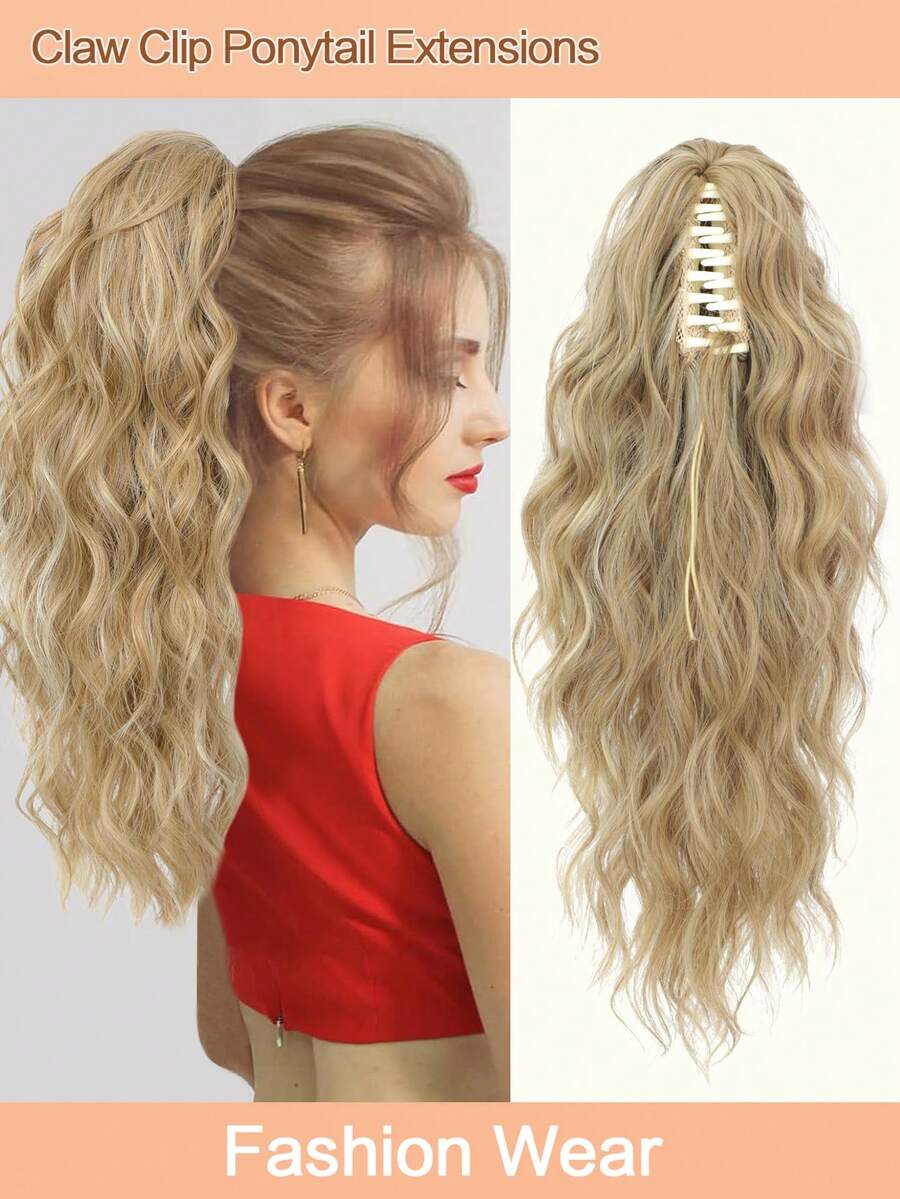 18英寸多层马尾接发，爪夹式马尾蓬松浓密水波纹假马尾假发，柔软自然，适合女性（金色挑染）接发 - 亞麻金 - 查看 1