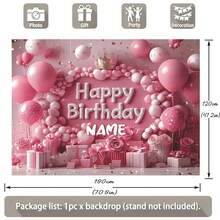 Customizable Pink Balloon Happy Birthday Backdrop, Gold Glitter Crown, Pink Floral Gift Box Design, Suitable For Princess Birthday, Baby Shower, Cake Table Decor, Photography Props, Vinyl Material,Party Top, Event Banner - E - View 5