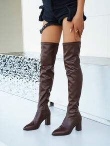 Bottes de mode à talon compensé marron pour femmes, avec bout pointu. Bottes hautes élastiques, bottes d'équitation. Bottes hautes de mode extérieure avec fermeture éclair latérale, de couleur unie,  bohème, à talon moyen, pour soirée, automne/hiver