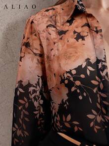 Aliao 高端印花长袖薄纱衬衫，度假风，秋季女装，纽扣衬衫，飘逸上衣 - 彩色 - 查看 3