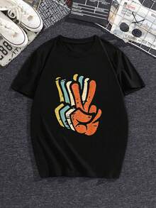 Casual Short Sleeve T-Shirt Black Colorful Hand Gesture Print for Daily Wear - Negro - Ver 3