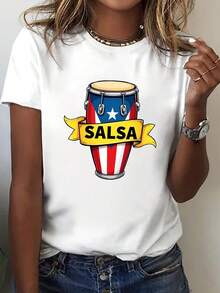 Camiseta de salsa puertorriqueña para mujer - Cuello redondo, manga corta, con gráfico de tambores de salsa BORICUA - Camiseta negra para festivales de música latina, actuaciones de baile y atuendos casuales diarios - Ajuste cómodo para todas las estaciones, ropa de festival, camiseta con estampado audaz, construcción duradera, camiseta de declaración, personas que asisten a festivales, moda de verano, camiseta ligera, camiseta impresa, amantes de la música - Blanco - Ver 2