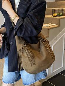 2025新款高端小众包，波西米亚复古麂皮大容量流苏单肩包，时尚百搭腋下包 - 咖啡 - 查看 4