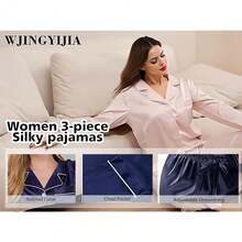 Womens 3Pcs Satin Pajamas Set Silk Pajama Sets XS-3XL Long Silky Pj Sets Nightwear Pjs Set Sleepwear Loungewear{"Color_name":"Sage","Size_name":"X-Large"} - Nhiều màu27 - Xem 4