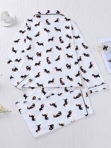 两件套动物香肠狗印花女式夏季睡衣派对套装，秋冬季长袖翻领上衣搭配松紧腰宽松长裤，四季皆宜的休闲女式睡衣家居服套装 - 白色 - 查看 2