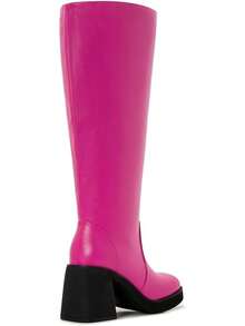 Wide Calf Plus Size Women's 70s Gogo Tall Knee High Square Toe Chunky Heel Retro Fashion Vintage Boots - 粉紅色 - 查看 3