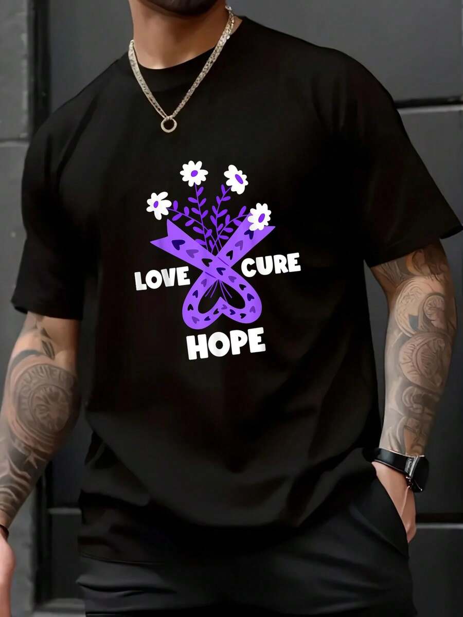 Camiseta unisex de 100% algodón Faith Hope Love Cure Hodgkins Lymphoma Cancer Awareness, camiseta de manga corta estampada para otoño e invierno - Negro - Ver 1