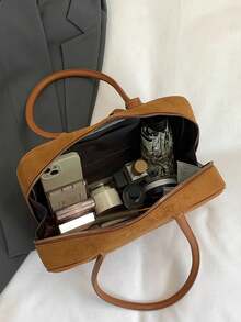 2pcs Solid Color Autumn/Winter New Suede Tote Bag, Versatile Commuter Boston Handbag With Large Capacity, Shoulder & Top Handle, With Accessory Charm - Brown - View 7