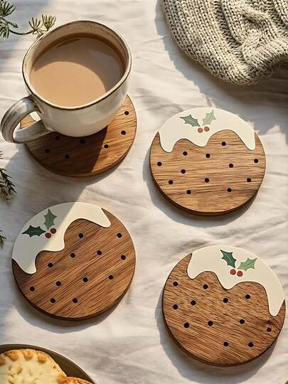 Porta-copos de madeira para pudim de Natal, 6/4/1 peça, porta-copos de madeira para casa, escritório, café, decoração de sala de chá, decoração de mesa, decoração de restaurante, presentes de Natal, decoração de Natal 2025, enfeites de Natal, itens essenciais para casa, acessórios de cozinha, decoração para casa