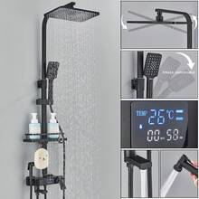 Matte Black Shower System With LCD Temperature Display, 4-Function Rain Shower Head Combo Set With Hand Shower, Bidet Spray Head, Tub Spout And Shelf, High-Pressure Wall Shower Faucet Set - 霧面黑 - 查看 1