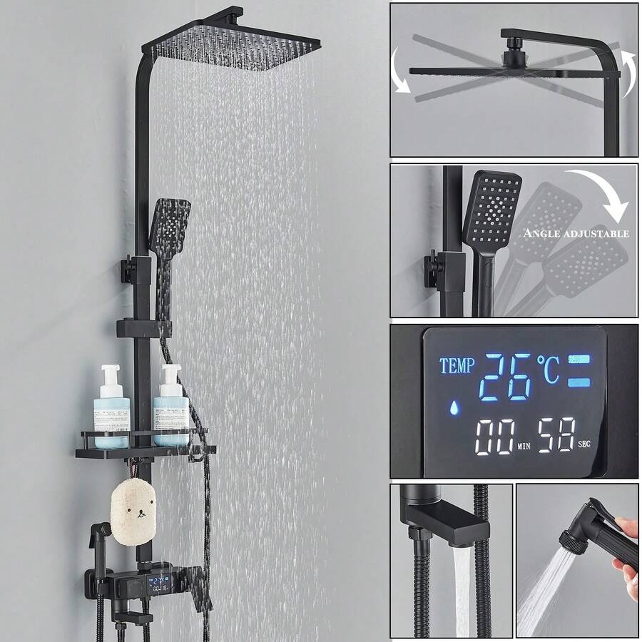 Matte Black Shower System With LCD Temperature Display, 4-Function Rain Shower Head Combo Set With Hand Shower, Bidet Spray Head, Tub Spout And Shelf, High-Pressure Wall Shower Faucet Set - 霧面黑 - 查看 1