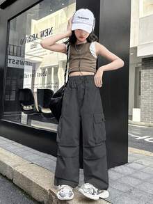 Quần tiện dụng kiểu mới cho bé gái, quần dài trơn màu thường ngày dành cho bé gái tuổi teen lớn hơn - Xám - Xem 5