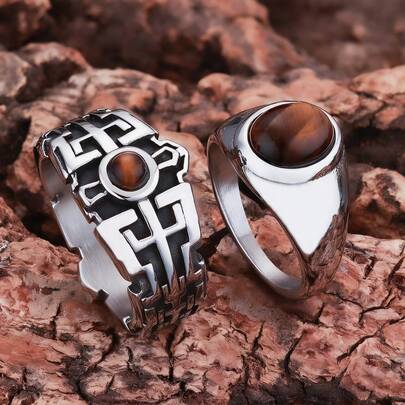 1 Piece Simple Classic Stainless Steel Genuine Natural Tiger Eye Gemstone Shiny Polished Unisex Ring For Party And Daily Occasions