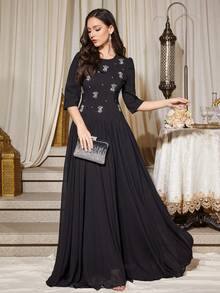 女士纯色圆领重钻装饰 3/4 袖柔软连衣裙，适合秋冬季，适合日常穿着、宴会、晚会、鸡尾酒会 - 黑色 - 查看 1