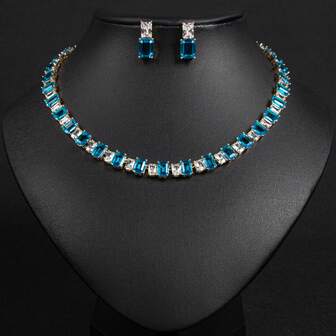 3pcs/Set Luxury Colorful Cubic Zirconia Teardrop & Square Earrings, Necklace Jewelry Set, Available In Red/Silvery/Multi-Color, Suitable For Women/Bride Holiday/Party|Wedding/Banquet Wear, Women's Fashion Jewelry Set/Halloween|Gift