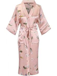 DandyChic Women's Long Floral Satin Robes Imitation Silk Sleepwear Bridal Dressing Gown For Bridesmaid Nightgownhalloween - 粉紅羽毛 - 查看 10