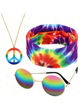 3pcs 70s Hippie Accessories - Tie-Dye Leopard Print Outfit, Hippie Headband, Men's Peace Sign Necklace, Sunglasses