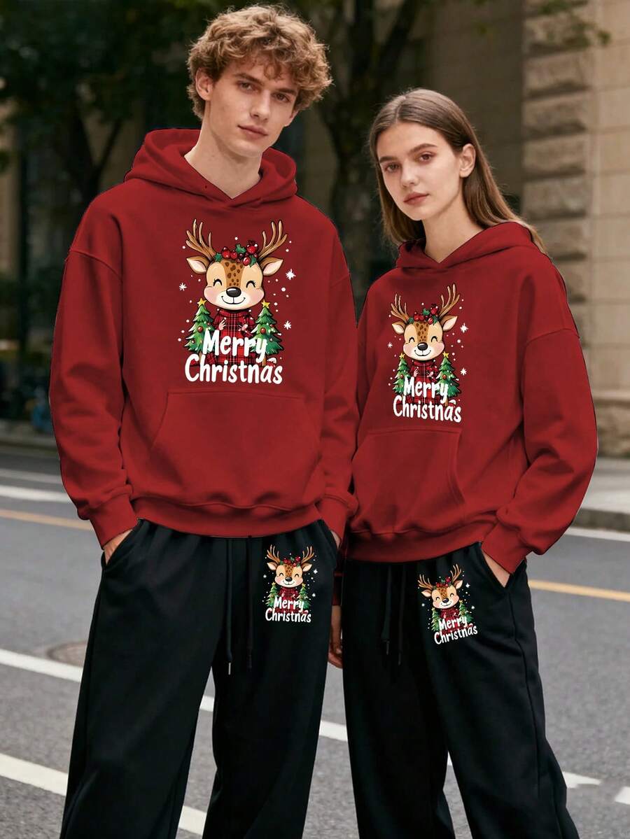(2PC) Couple's Set Of Fashionable And Casual Printed Hoodies And Sweatpants For Both Men And Women, Autumn And Winter Men's Sportswear, Fashionable And Sportswear Printed, Suitable For Casual Outdoor Sports And Holiday Gift Giving.Merry Christmas - 女士-紅色 - 查看 1