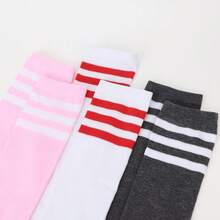 DRESHOW 3 Pairs Thigh High Socks Striped Over Knee Thin Tights Long Stocking Knee High Leg Warmer{"Color_name":"3Pairs:White/DeepGray/Pink"} - 多色5 - 查看 5