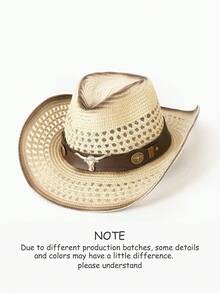 1pc Women Western Cowgirl Gradient Print Decor Faux Leather Band Sun Hat, Fashionable Unisex Spring/Summer Versatile Sun Protection Beach Hat